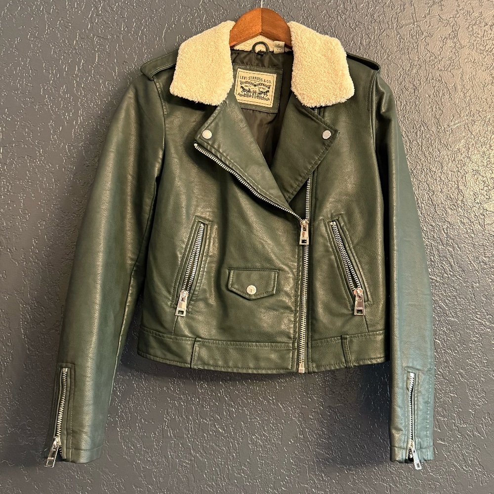 Levis Asymmetrical Sherpa Lined Faux Green Leather Jacket Moto Zip